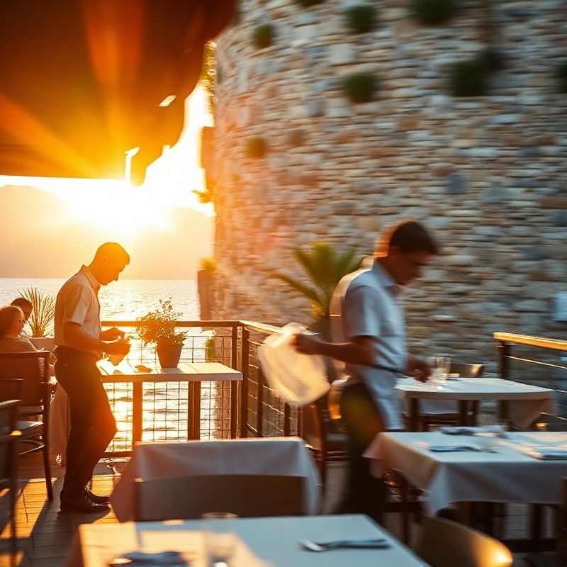Radnici u ranojutarnjem svjetlu pripremaju terasu restorana na dalmatinskoj obali